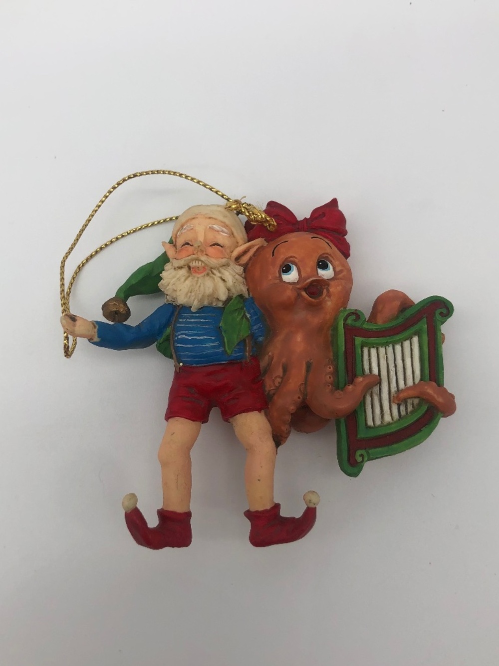 Christmas Elf Hugging Octopus With Harp Ornament